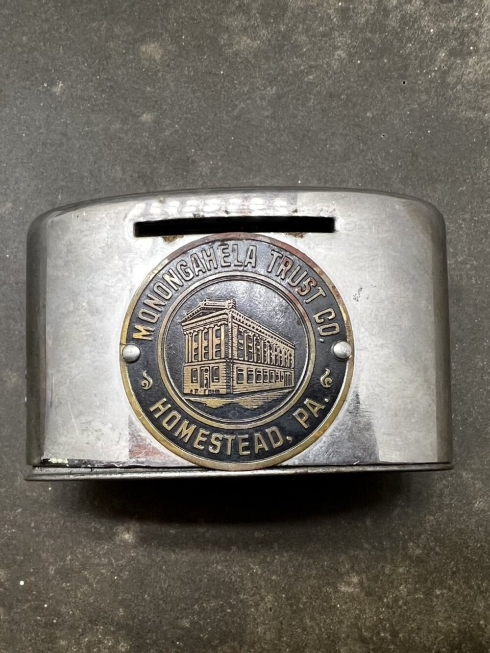 Antique Vtg. Monongahela Trust Company, Homestead, PA Metal Coin Bank w/Handle